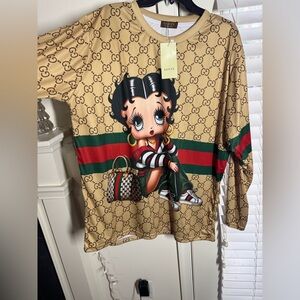 Tan Graphic Long Sleeve Top, No Brand